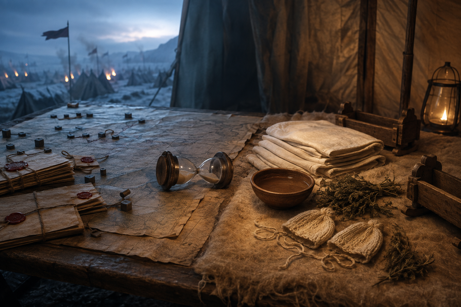 A campaign map beside birthing linens, herbs, water, two infant caps, and a stopped hourglass