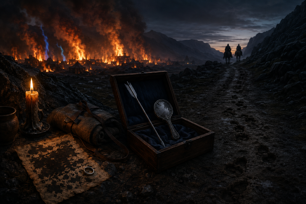 A blotted farewell and travel bundle beside an open chest holding a White Arrow and mirror while two distant riders leave a burning refugee camp