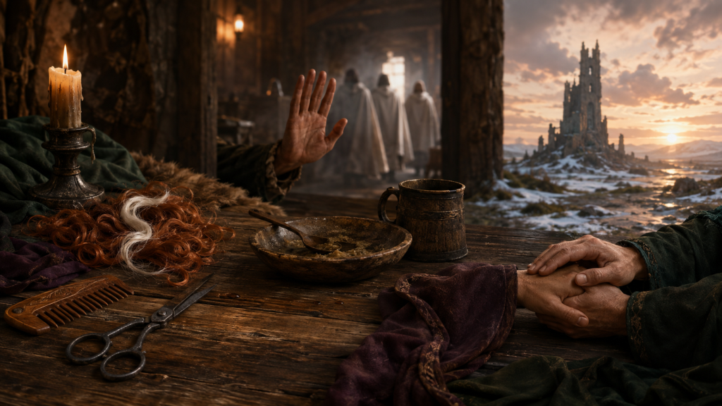 Copper-red cut curls with a white lock and shears, an abandoned supper before a raised hand, and two clasped hands beside a fallen tower at dawn