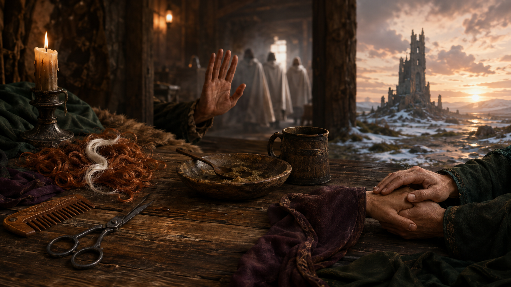 Copper-red cut curls with a white lock and shears, an abandoned supper before a raised hand, and two clasped hands beside a fallen tower at dawn