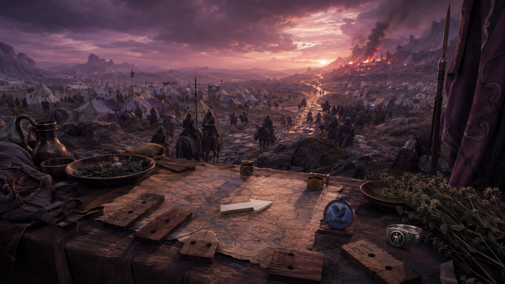 A vast refugee camp converges around a campaign map and blank character tokens while distant fire burns