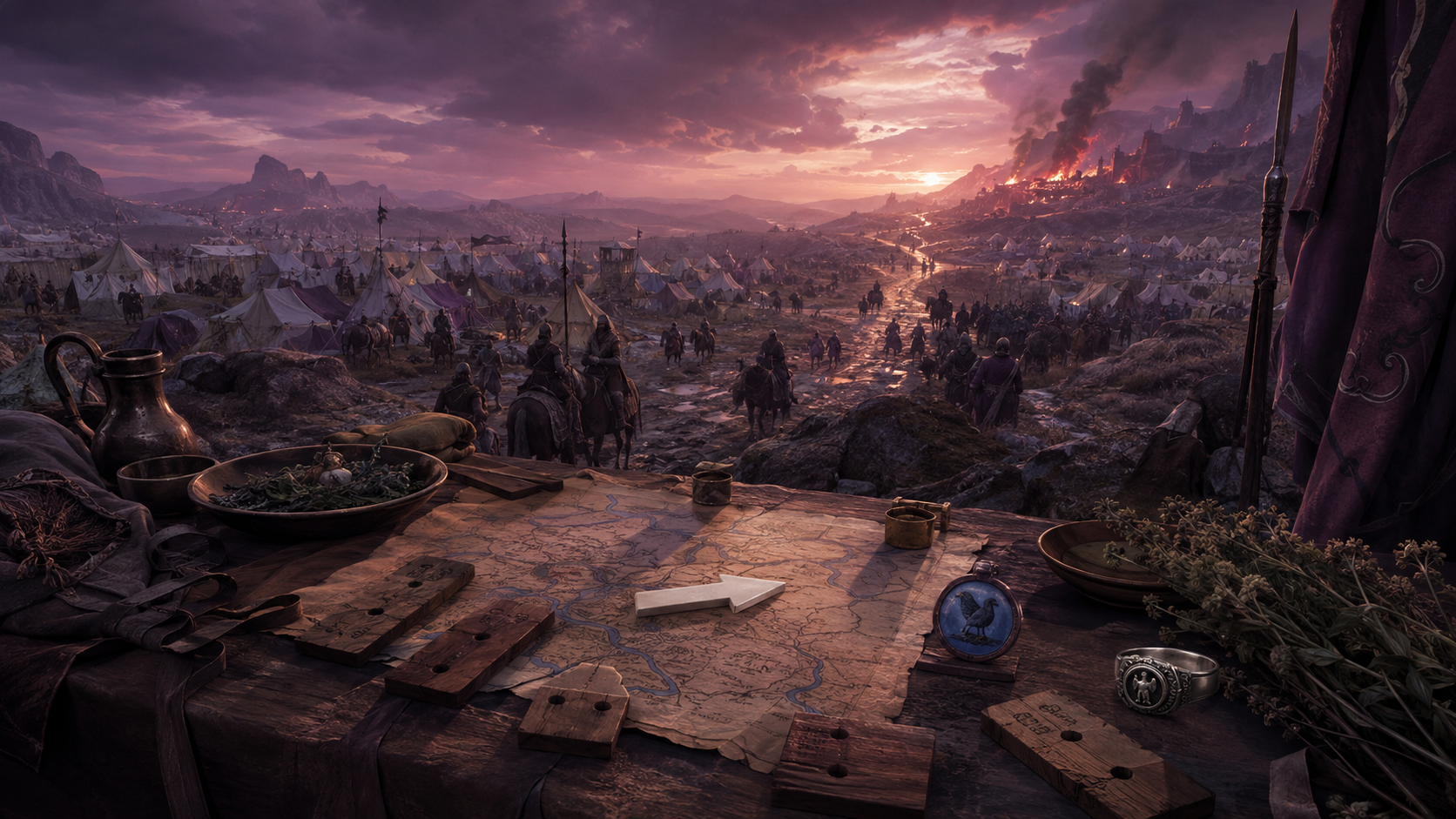 A vast refugee camp converges around a campaign map and blank character tokens while distant fire burns