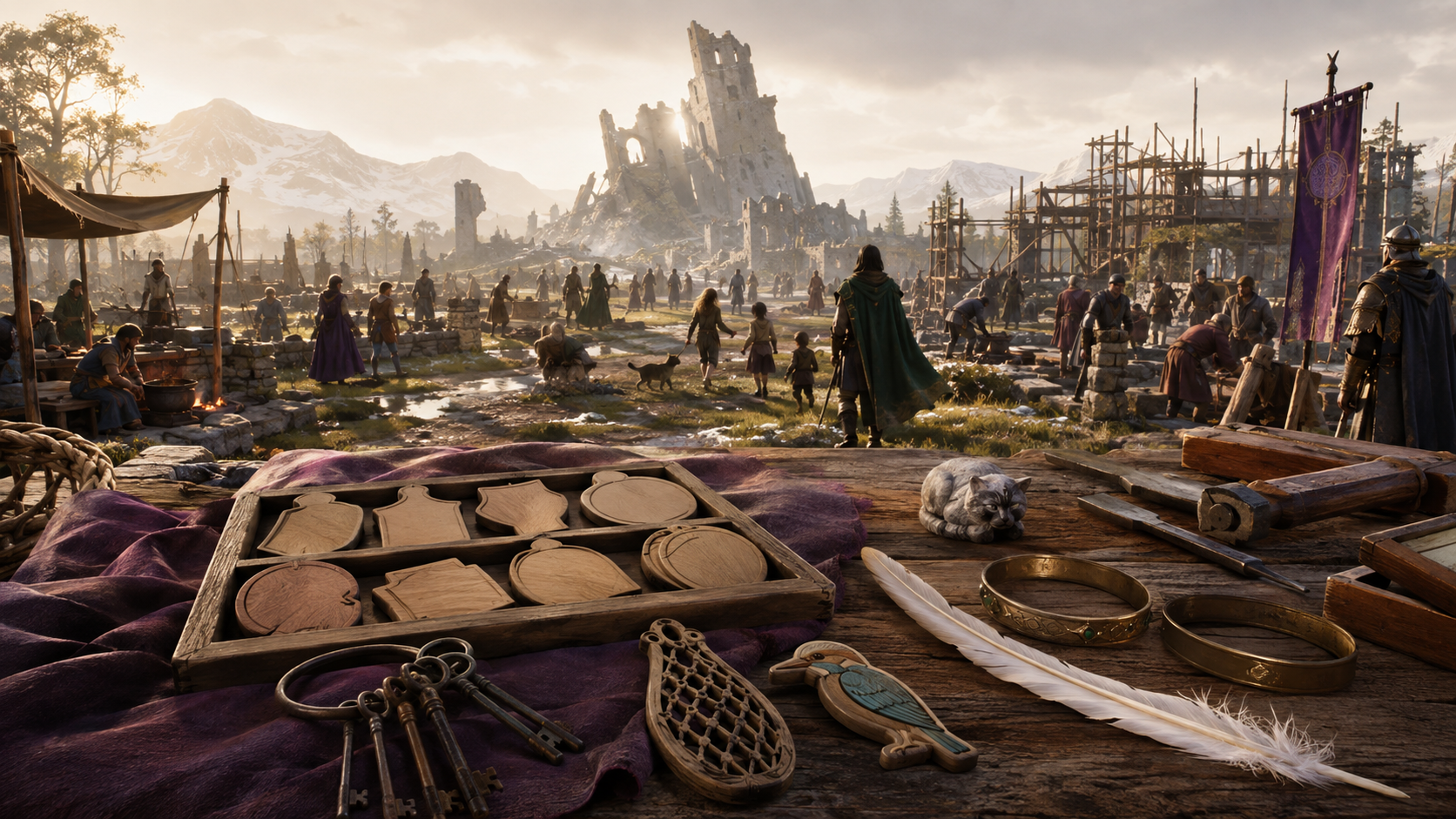 People rebuild the thawing Hayholt beyond an archive table of blank character tokens, keys, feather, net, and simple circlets