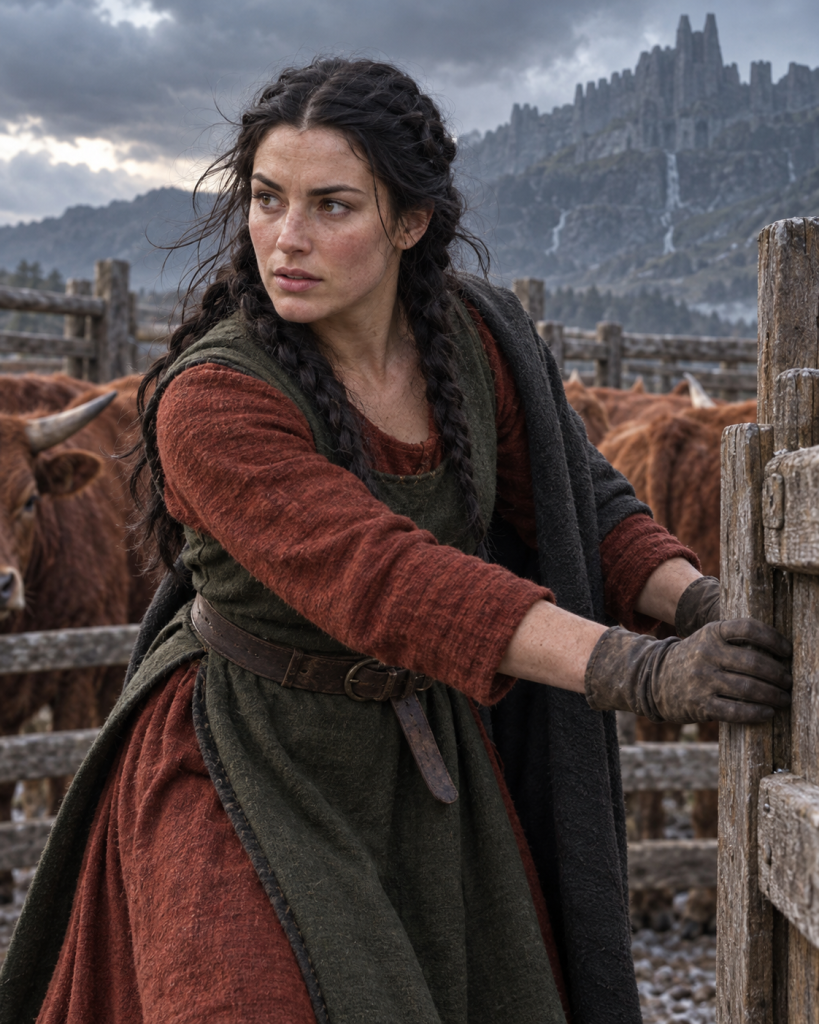 Gwelan, a dark-haired young Hernystiri woman, braces a timber gate while the Taig’s red cattle crowd the paddock