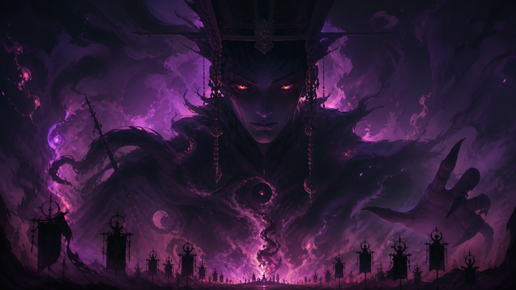 Original CVM Sekai fan art of Gwi-Ma emerging from violet smoke above ranks of controlled demons