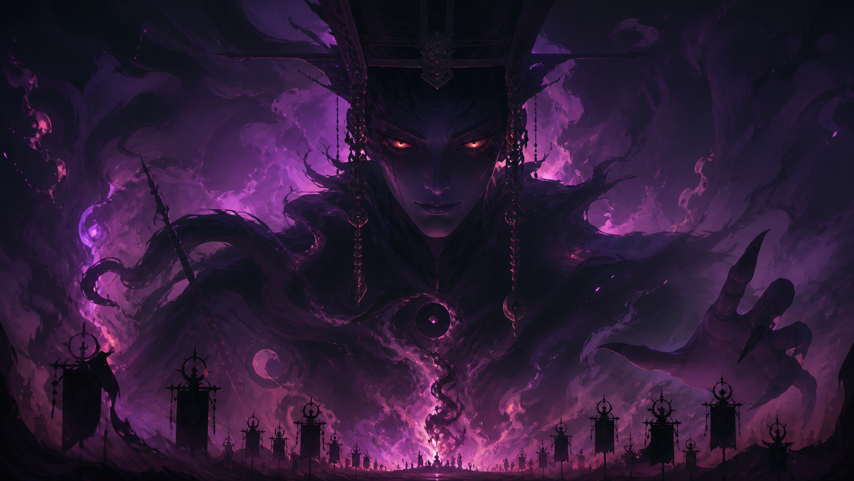Original CVM Sekai fan art of Gwi-Ma emerging from violet smoke above ranks of controlled demons
