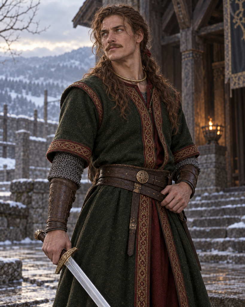 Prince Gwythinn standing with a silver sword outside the snowy Taig, his long sorrel hair tied in red