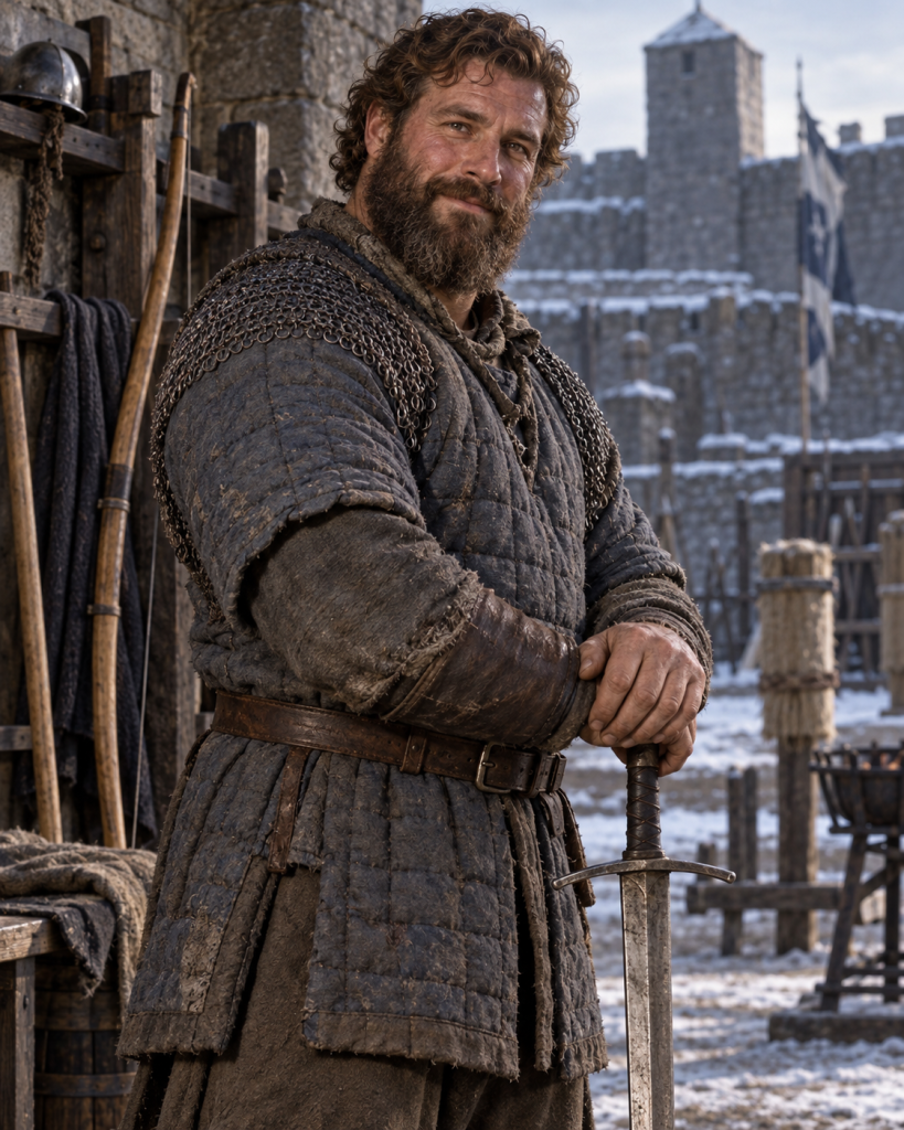 Haestan, the broad curly-bearded Naglimund guardsman in worn training gear
