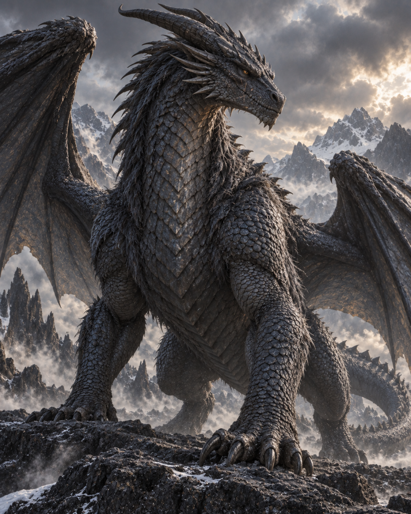 Hidohebhi the Black, a colossal ancient mother-dragon, standing on a storm-dark mountain shelf