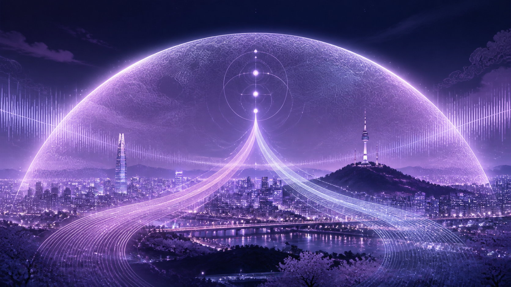 Original CVM Sekai editorial artwork of a luminous musical barrier protecting a Seoul-inspired city