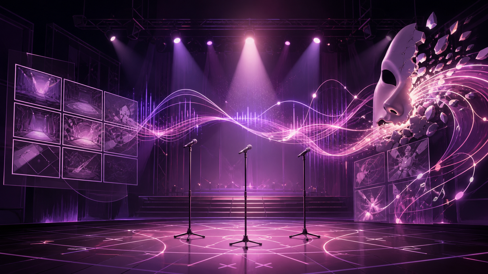 Original CVM Sekai editorial artwork of an empty concert stage, microphones, storyboards, and musical light