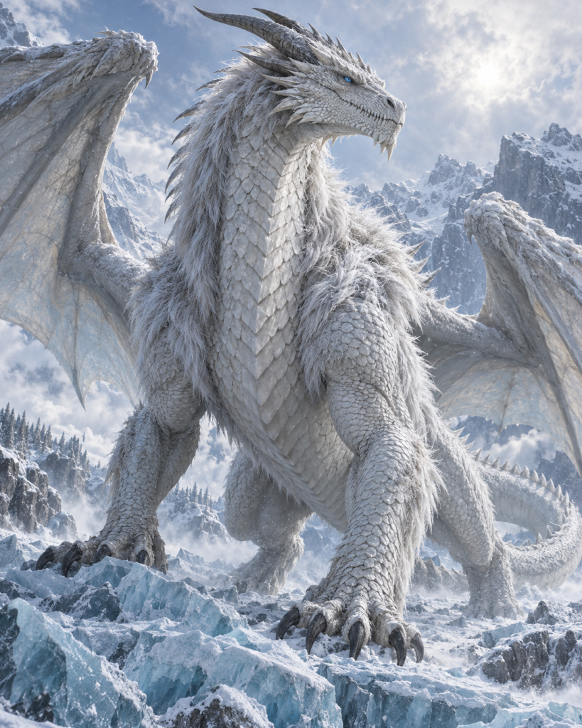 Igjarjuk, the immense white-scaled and pale-furred ice dragon of Urmsheim