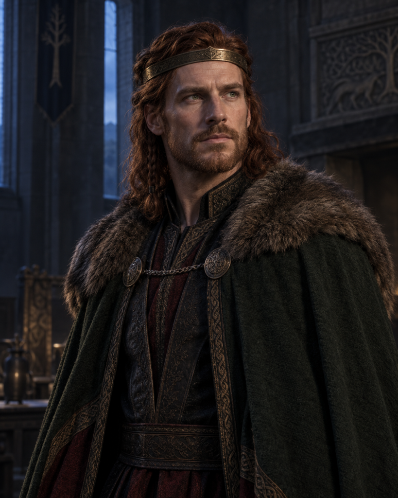 Ikferdig, a copper-haired historical Rimmersman king, stands alive inside the early Hayholt before the fire-drake encounter