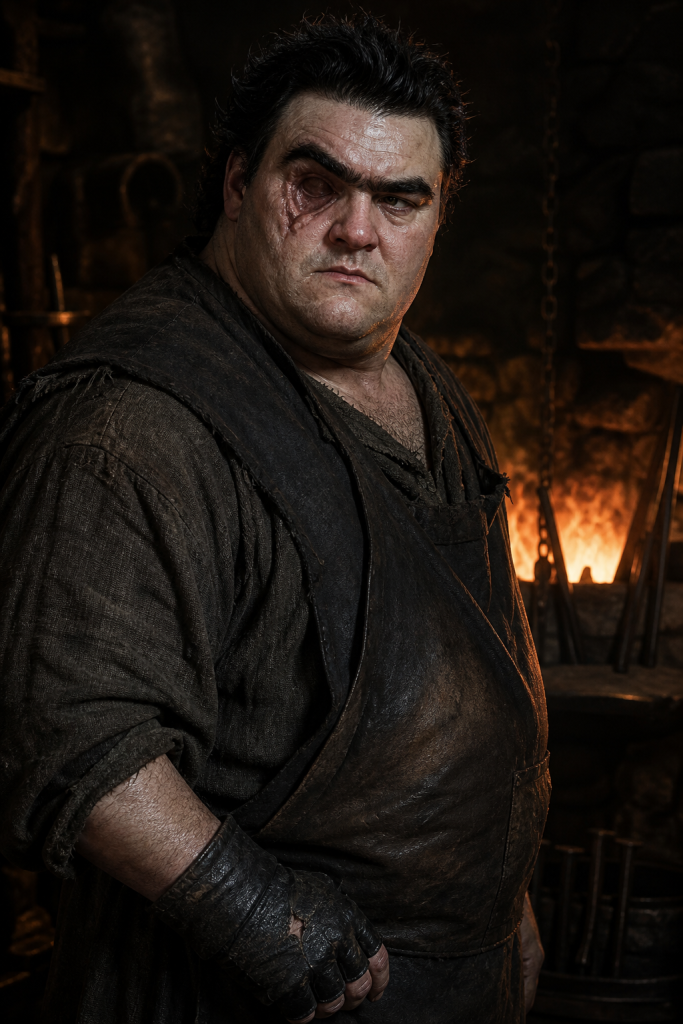 Huge stoop-shouldered Inch with spiky black hair, a continuous eyebrow, an empty scarred right eye socket, cracked fingerless glove, and soot-dark foundry clothes before the Hayholt furnace