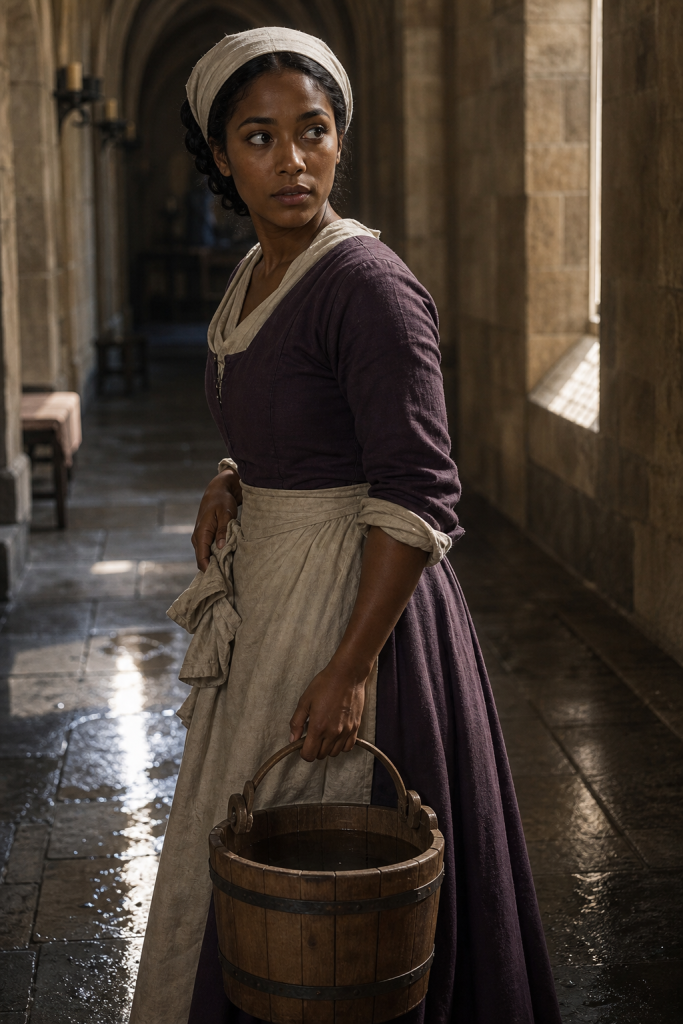 Beautiful dark-skinned Jael with braided black hair under a linen headcloth, plum chambermaid dress, apron, wooden wash bucket, and spilled water reflecting window light in a Hayholt corridor