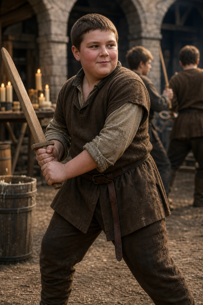 Young stocky pink-faced Jeremias with cropped brown hair and rough chandler-apprentice clothes practicing with a wooden barrel-stave sword beside candles in the Hayholt service yard