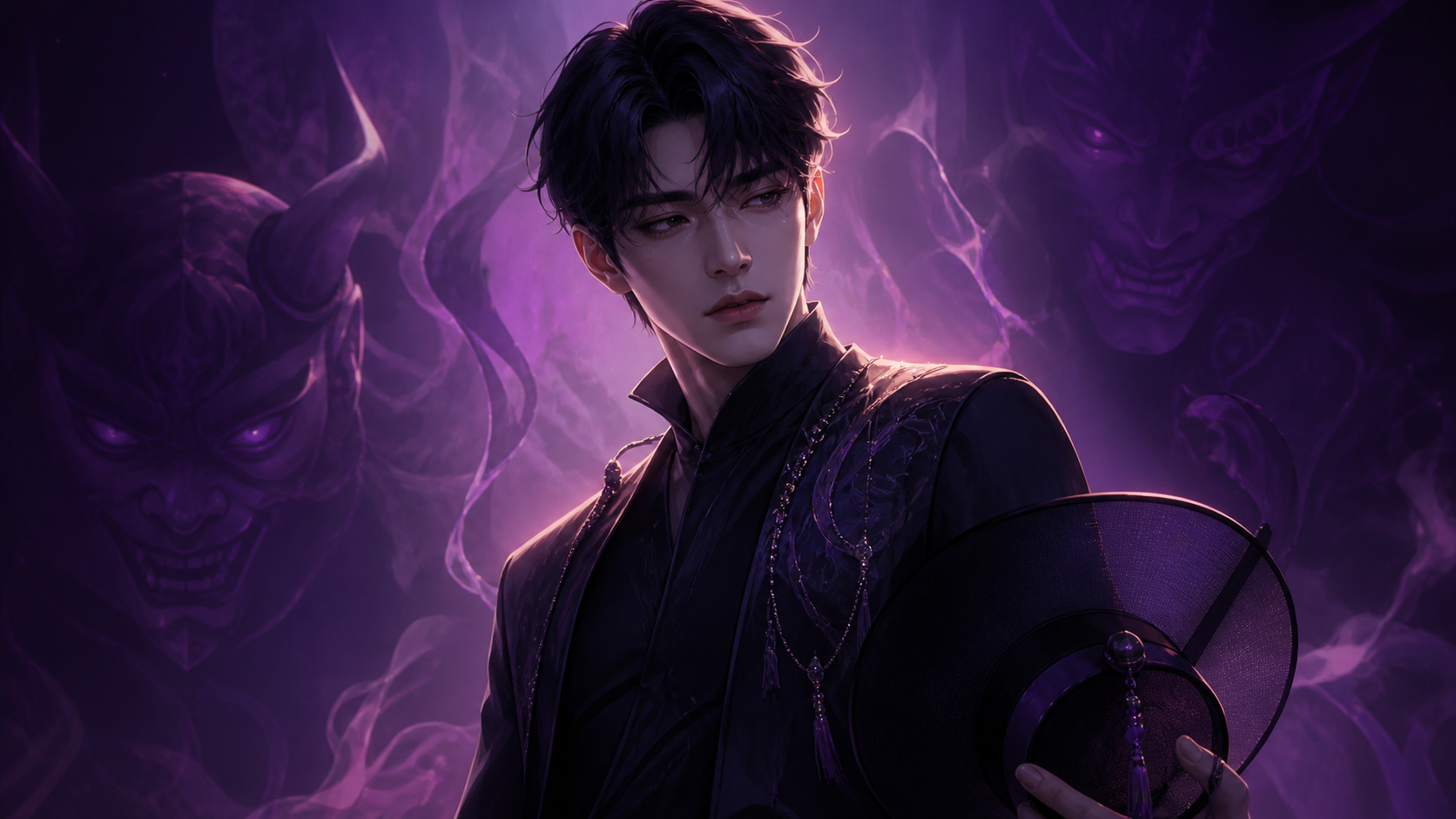 Original CVM Sekai fan art of Jinu holding a traditional brimmed hat while demon shadows gather behind him