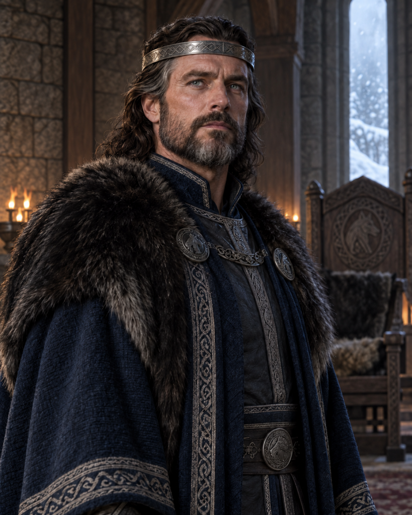 King Jormgrun, a dark-haired northern sovereign, stands alive inside Naarved’s winter hall