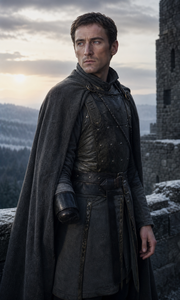 Prince Josua with short dark hair, gray eyes, black armor and cloak, and his missing right hand covered by a leather-capped cuff on the snowy walls of Naglimund