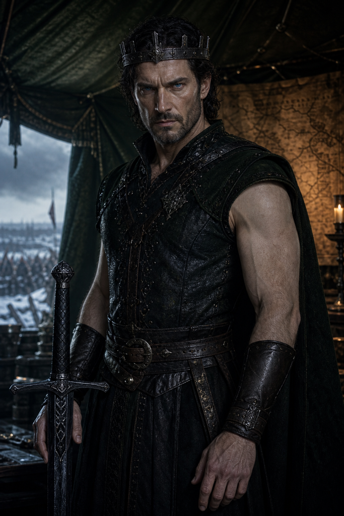 King Elias with black hair, iron crown, pale muscular arms, gem-bright eyes, dark green campaign clothing, and the black sword Sorrow inside his Naglimund war tent