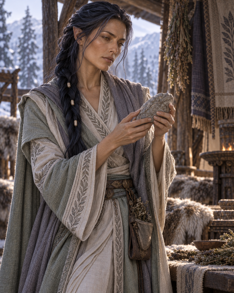 Kira'athu examining a cloudy carved Tinukeda'ya stone in a winter shelter
