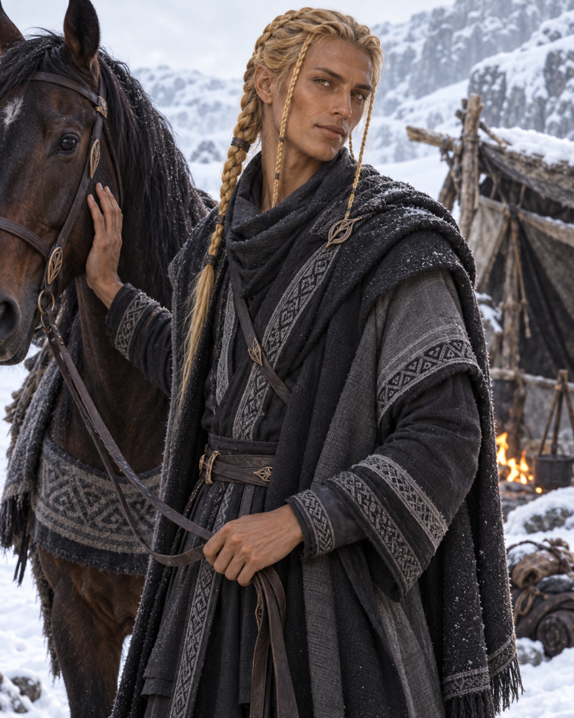 Ki'ushapo tending an expedition horse in the snowy White Waste