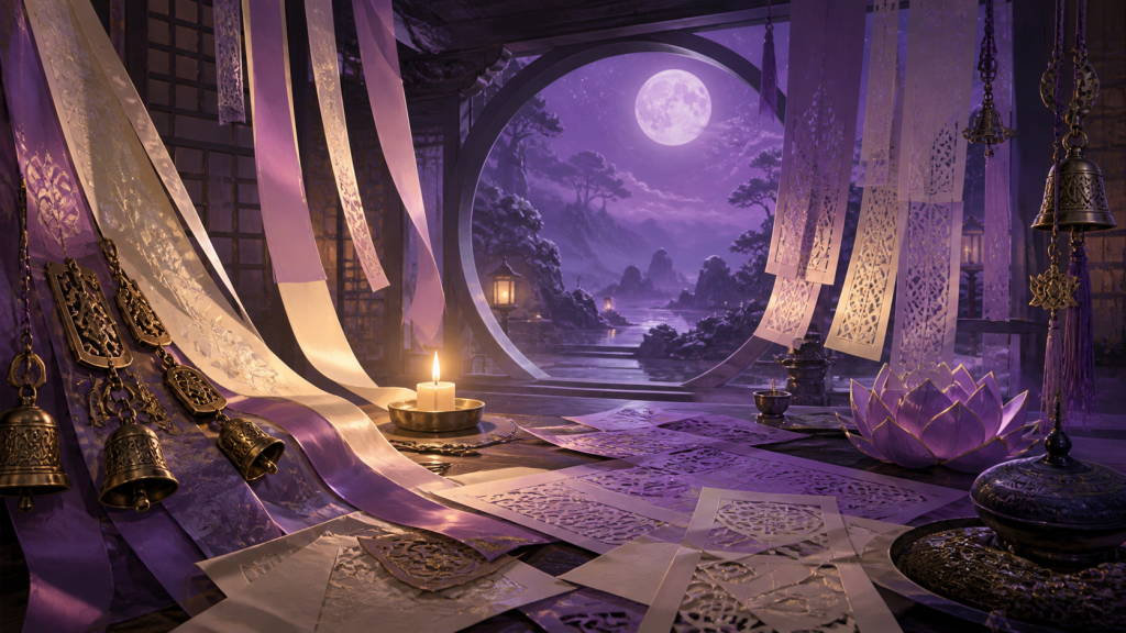 Original CVM Sekai editorial artwork of ritual ribbons, bells, paper patterns, and violet moonlight