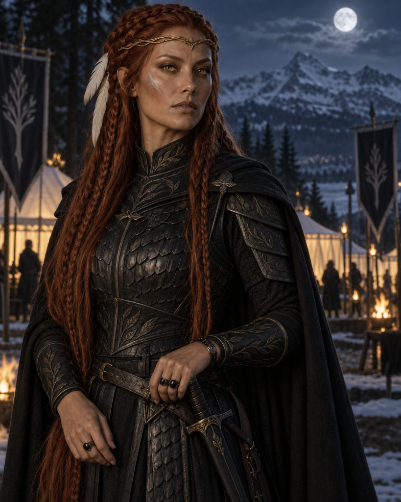 Likimeya, the copper-haired Lady of Year-Dancing House, in black Sithi war armor