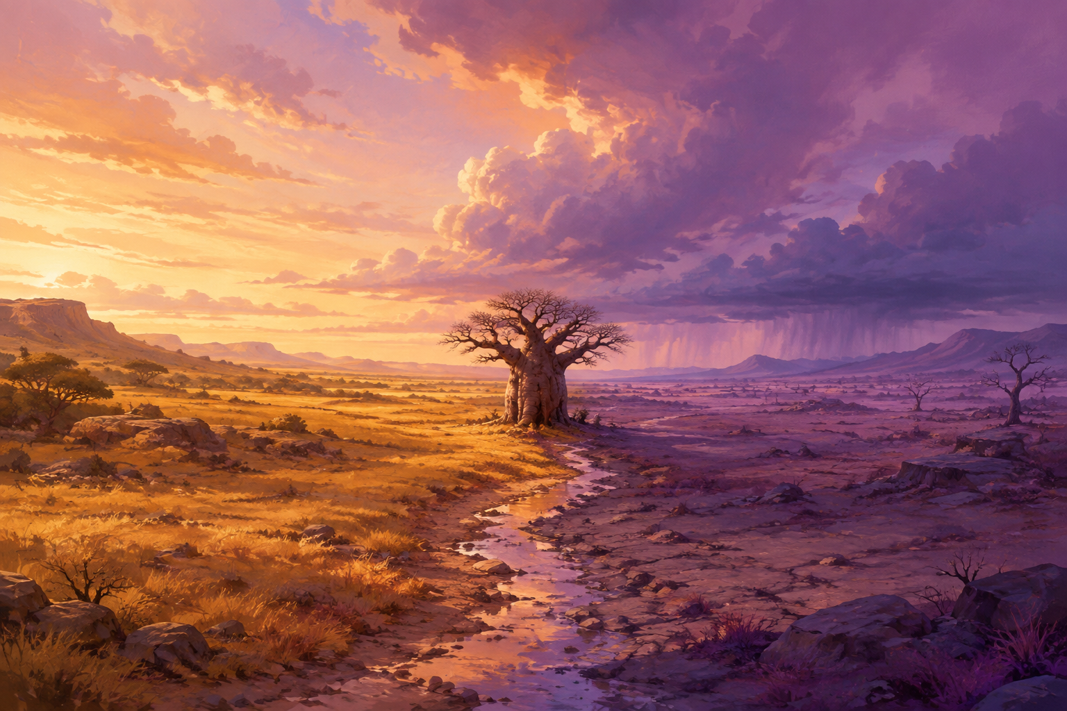 A gold and violet savanna divided by a riverbed beneath a clearing twilight sky