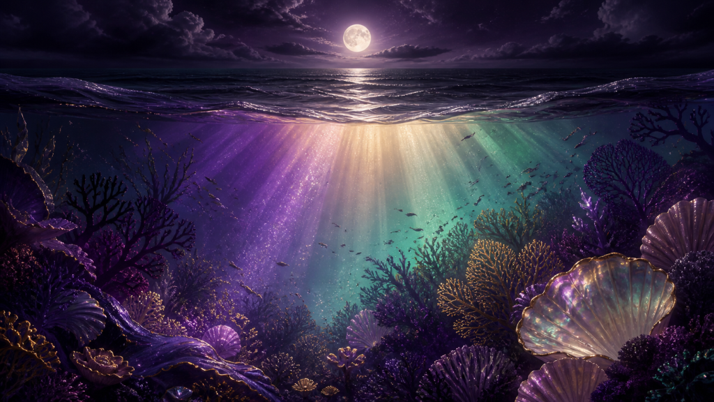 Moonlit ocean opening into violet, gold, and sea-green light over coral and pearlescent shells