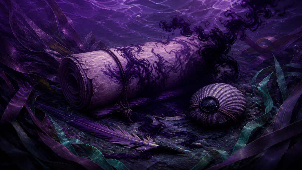 An underwater contract stained by spreading black ink beside a sealed shell and broken quill