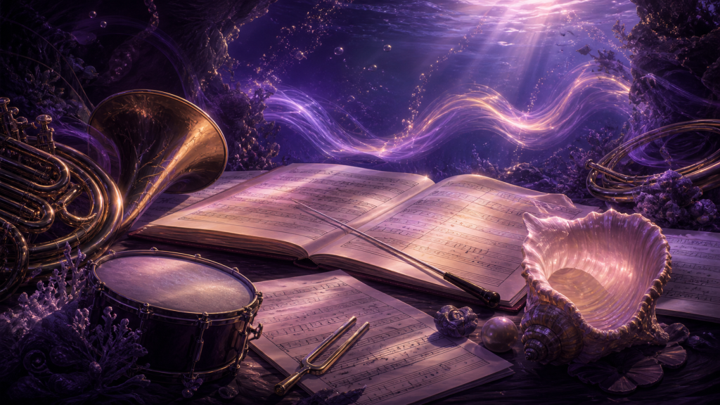 Orchestral score pages, brass instruments, drum, tuning fork, and seashells beneath violet water