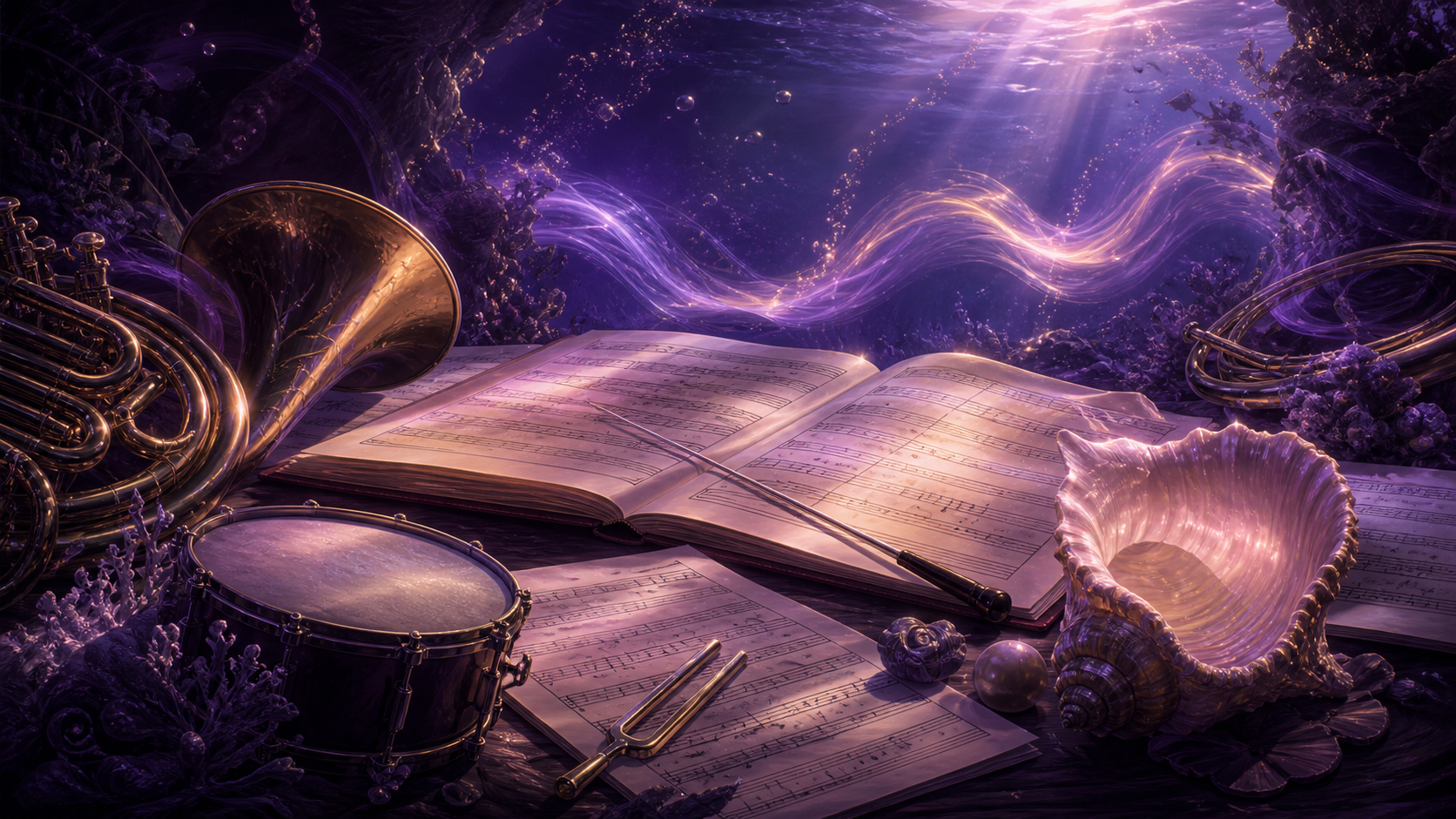 Original CVM Sekai art of lyric pages, piano keys, and undersea storyboards in a musical story room