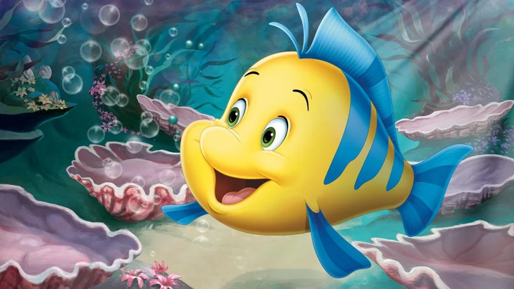 Flounder swimming through bubbles in an official Disney character image