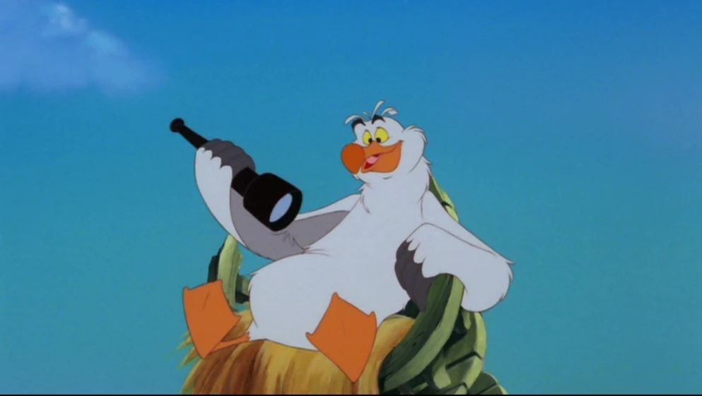 Scuttle holding a human object in an official Little Mermaid film still