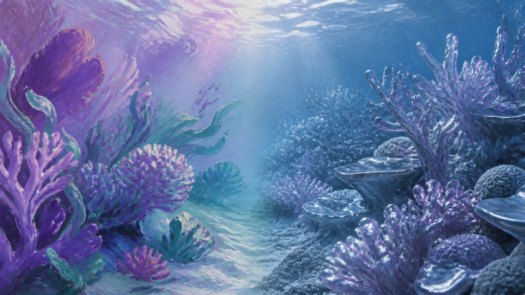 A reef shifting from expressive painted coral into rigid glossy photoreal coral