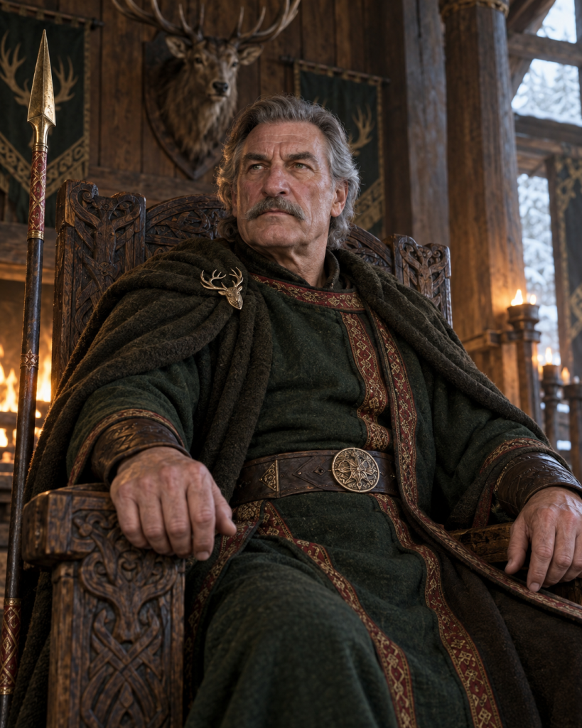 King Lluth ubh-Llythinn seated in his oak-and-antler chair beneath the stag of Hernystir