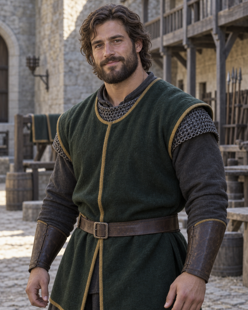 Lofsunu, a very handsome broad-shouldered bearded soldier, stands in a Hayholt household courtyard