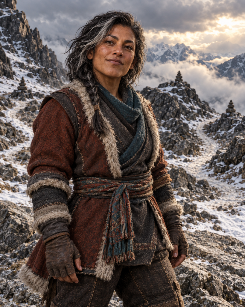 Lost Piqipeg, an attractive silver-streaked Qanuc legendary hero, stands where snow-dusted mountain paths divide