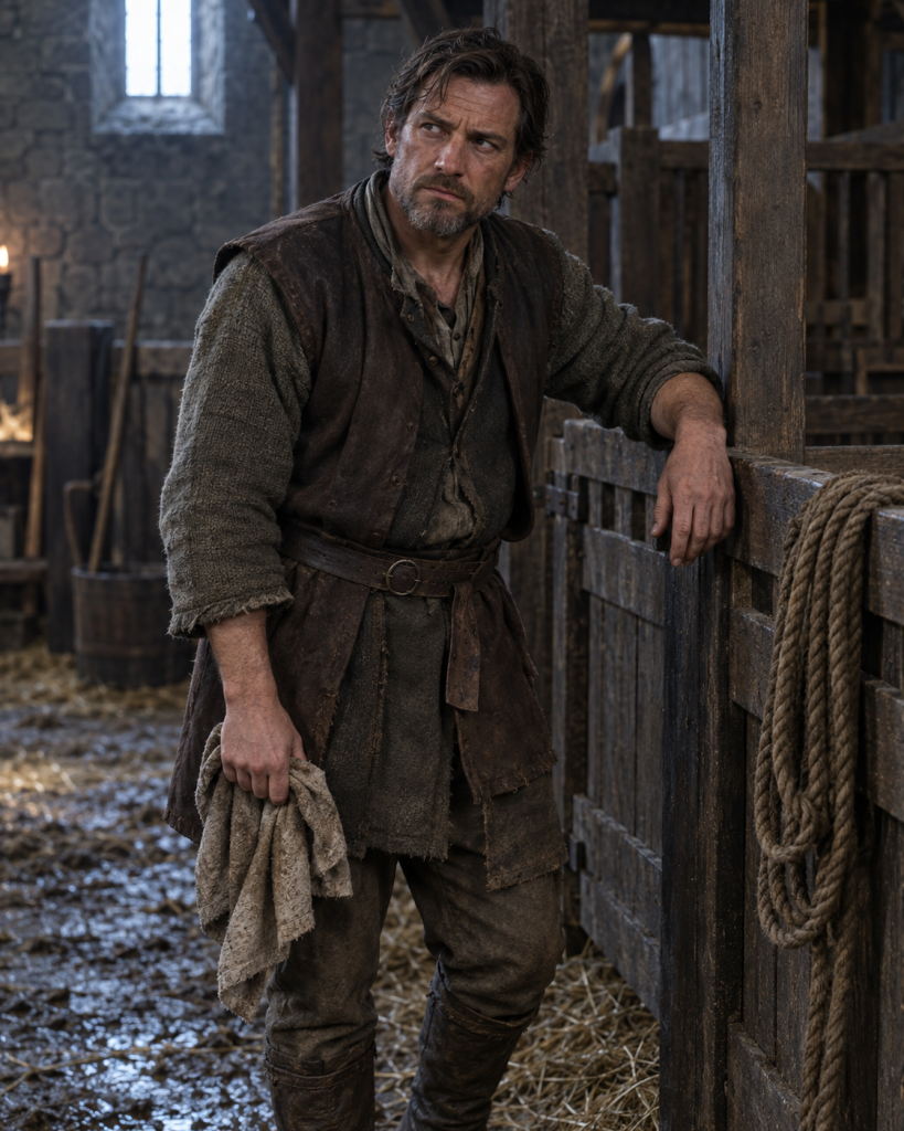Lucuman, Naglimund's rugged stablekeeper, leans against a timber stall in the cold fortress stable