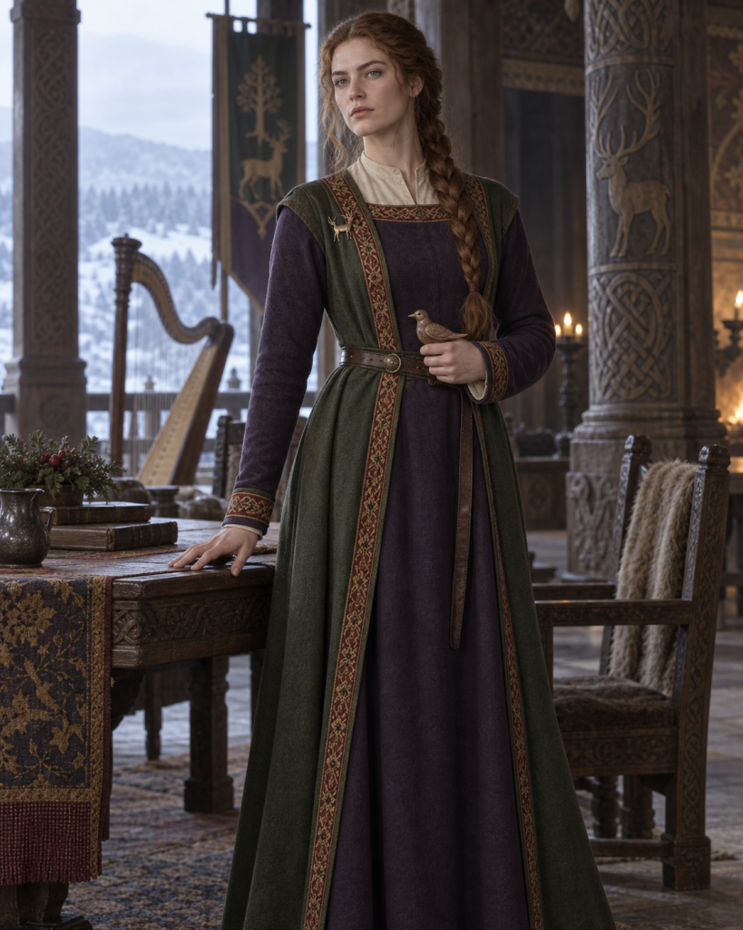 Princess Maegwin standing in the Taig with her father's carved wooden nightingale