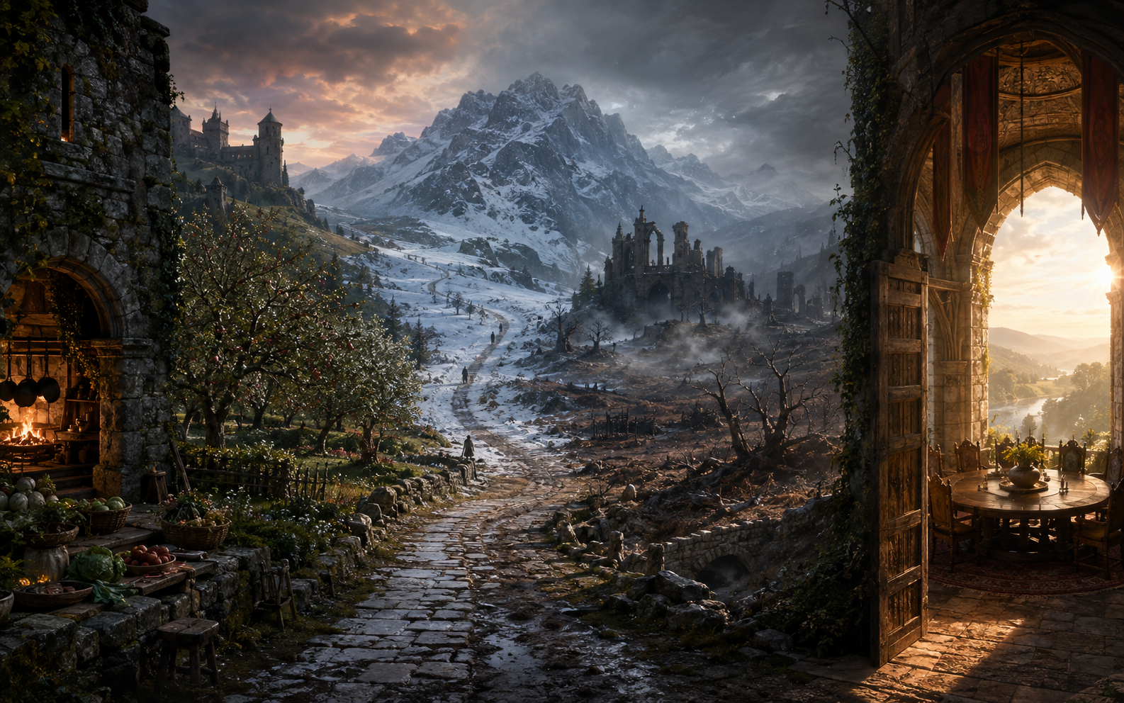 A stone road crossing orchard, winter pass, battlefield ruins, and ending at a warm round table