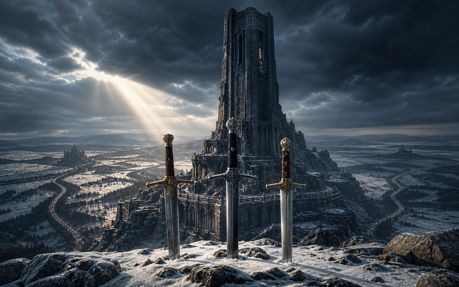 Three ornate swords planted in snow before an ancient black tower as roads converge from distant kingdoms