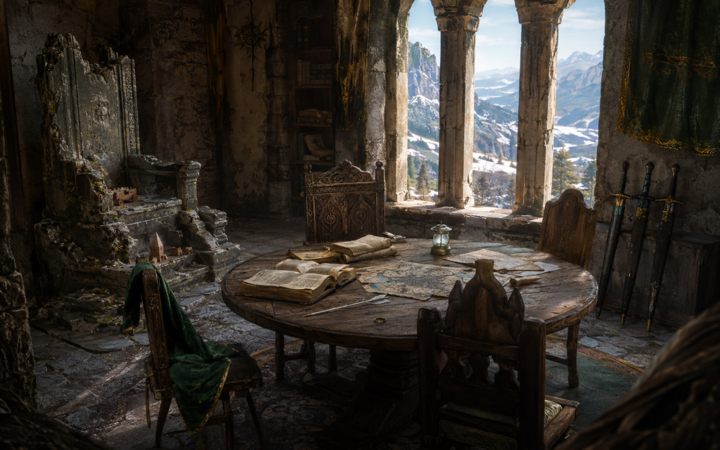 An old round table with chronicles, map, ring, arrow, mist lamp and three sheathed swords beside a broken throne