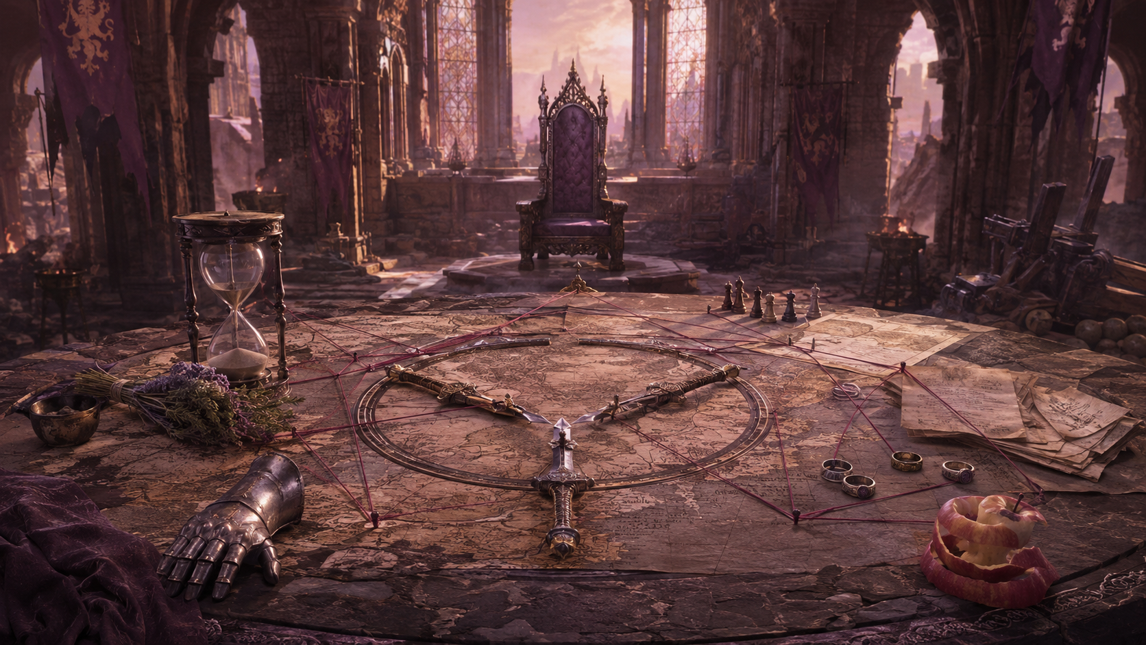 An evidence table with overwritten maps, three swords, an empty queen chair, hourglass, herbs, gauntlet, signet rings, and apple peel