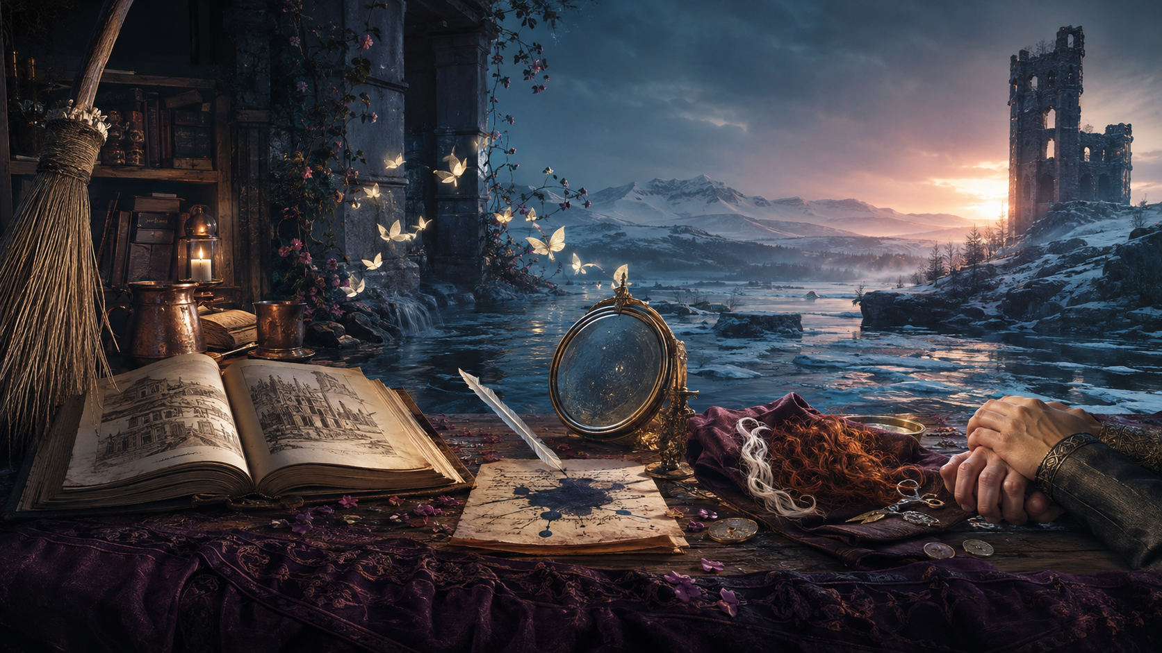 A broom and history book beside luminous leaves, mirror, white lock, clasped hands, and a fallen tower across one wintry archive journey