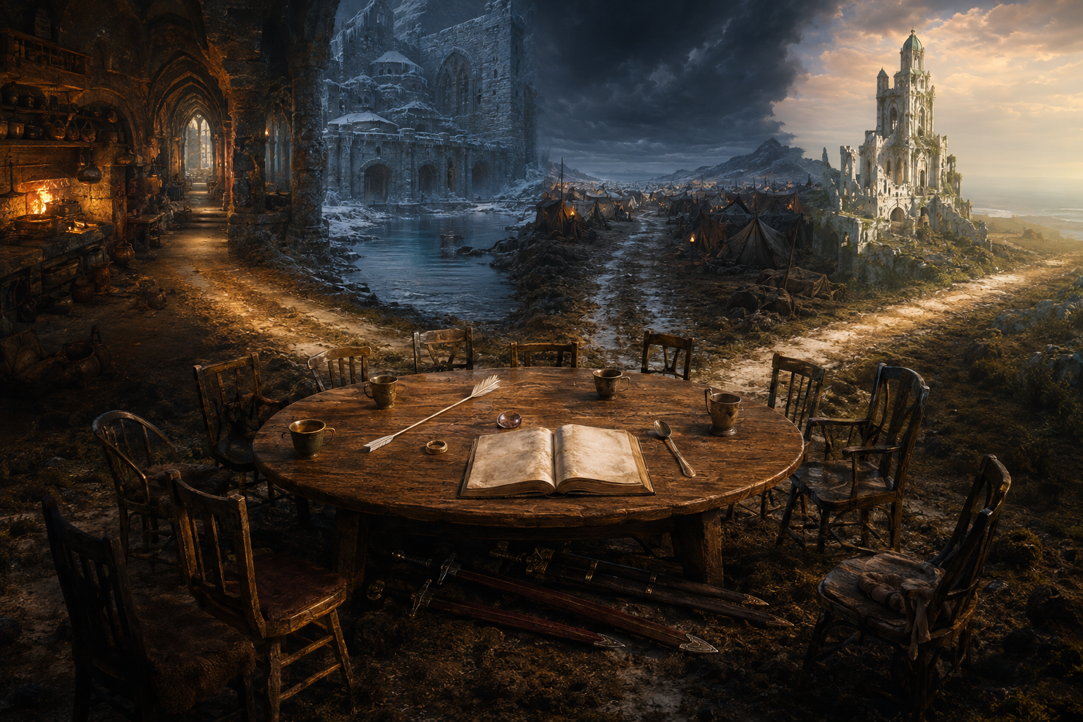 Four roads from castle, flooded refuge, refugee camp, and ruined tower converging on a shared table with the Three Swords sheathed beneath it