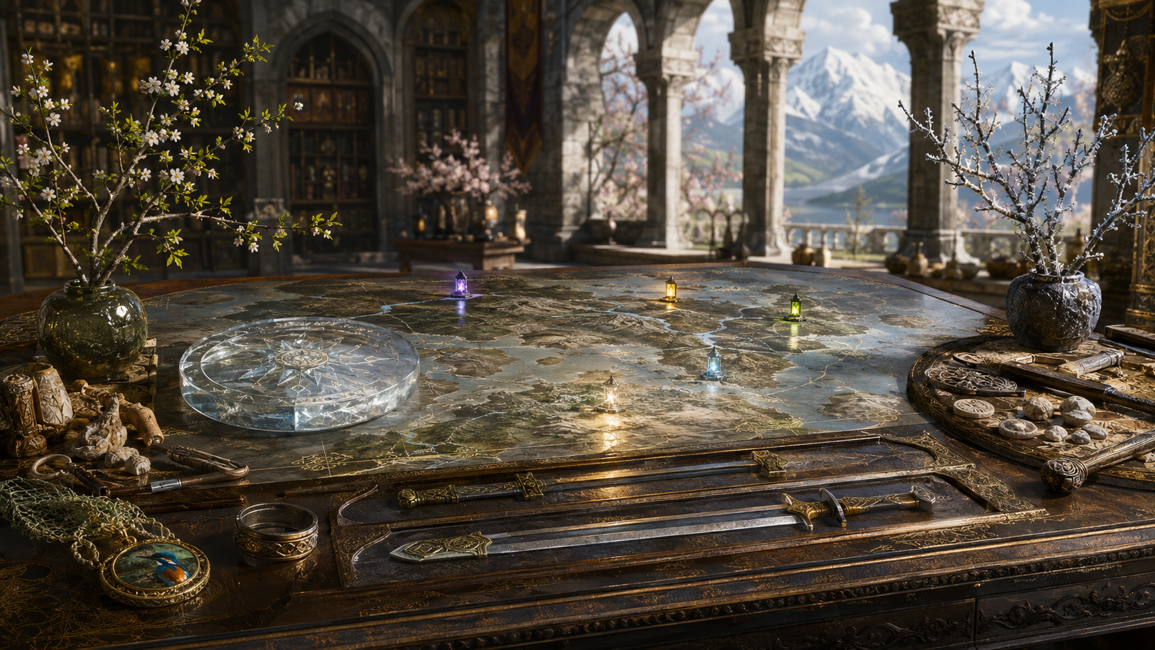 A springlit archive table with a layered map, Witness disk, three swords, living and frozen branches, shells, ring, five lights, and kingfisher seal