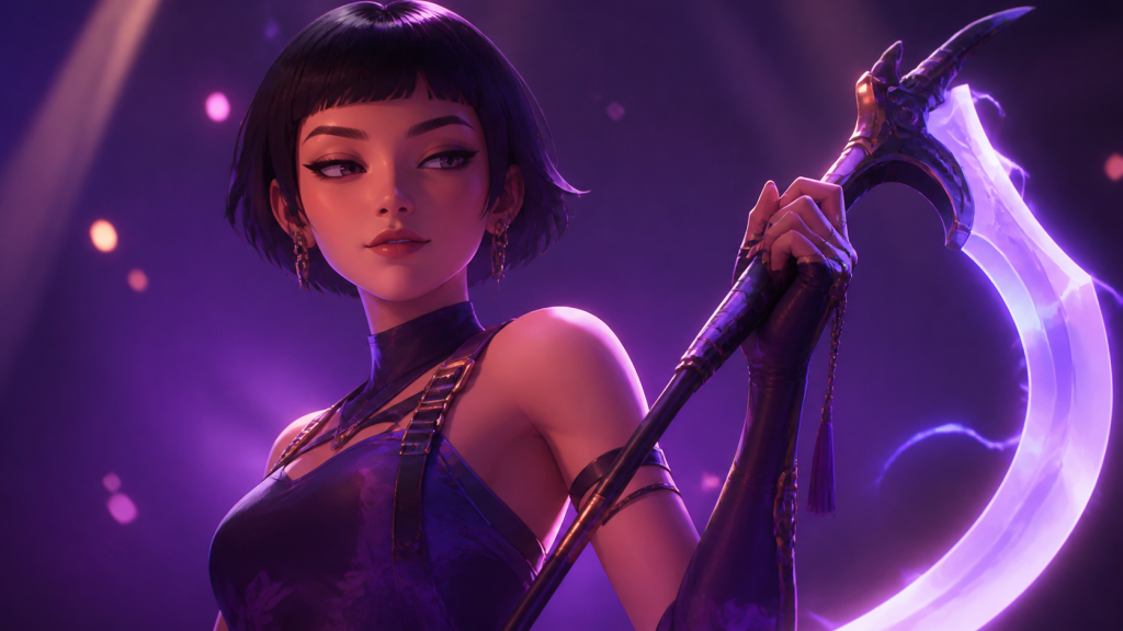 Original CVM Sekai fan art of Mira holding her curved demon-hunting polearm under plum stage light