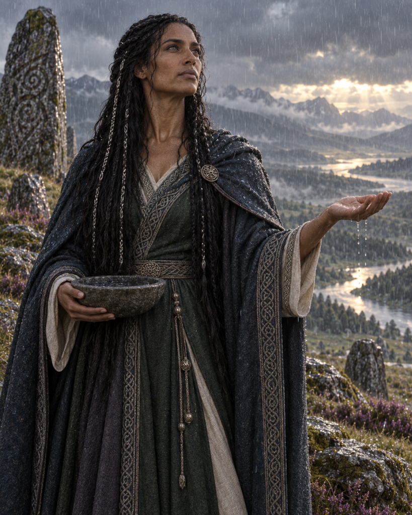 CVM devotional interpretation of Mircha standing in rain above the valleys of Hernystir
